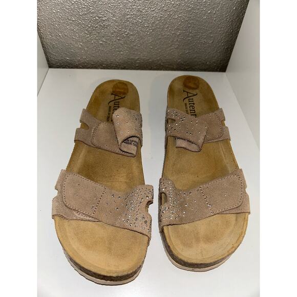 Autenti  Tan  Rhinestone  2 Band  Leather  Sandals Slides 40 / 8.5 - Picture 1 of 10